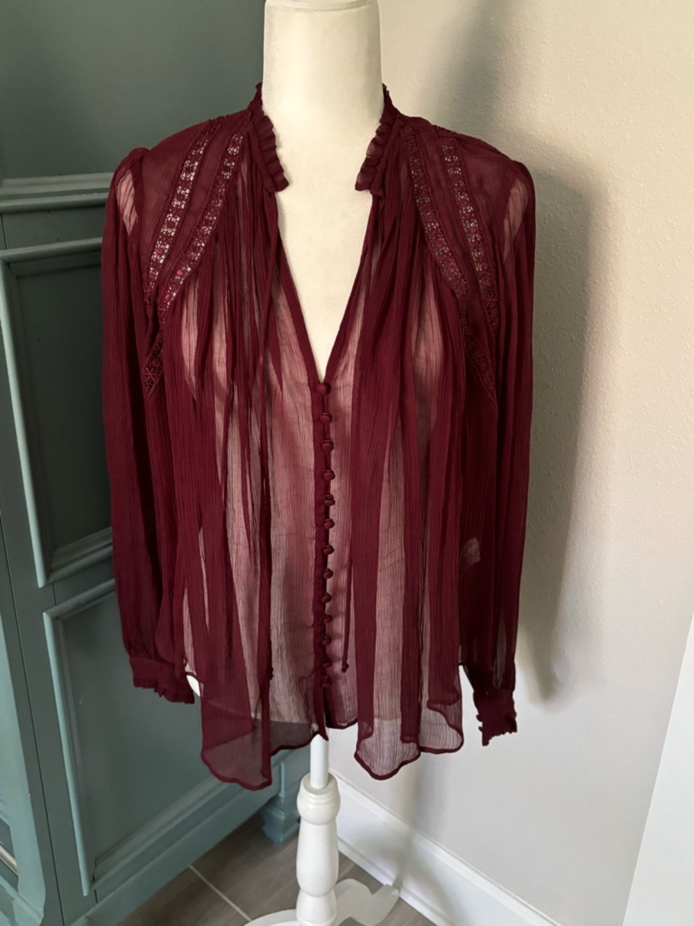 Free People Sheer Wine Button-Front Blouse